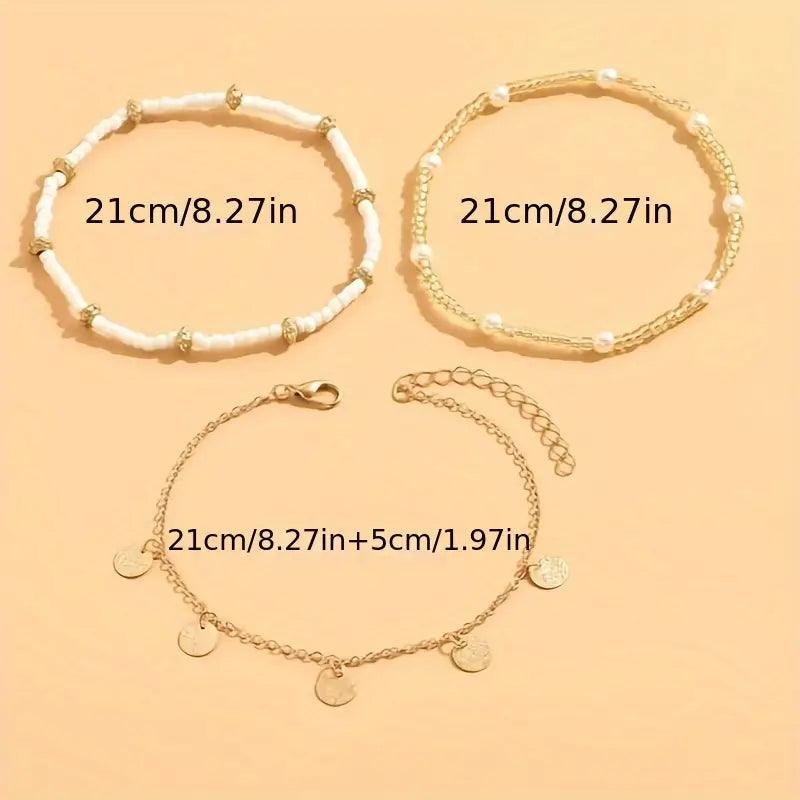 Set of 3 stacked ankle bracelets, coastal charm | Gold
