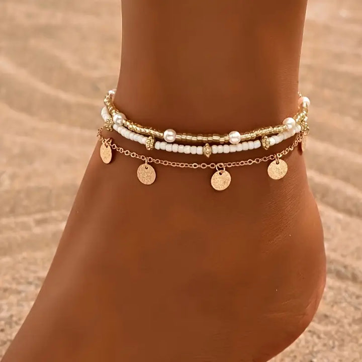 Set of 3 stacked ankle bracelets, coastal charm | Gold