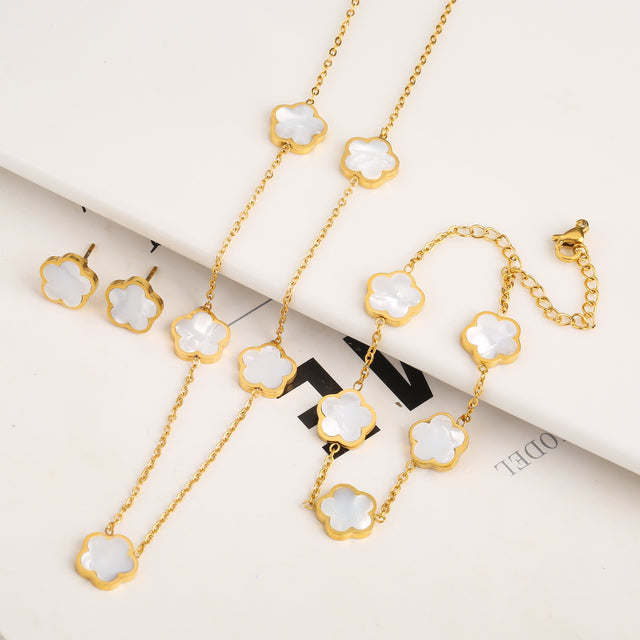 Ensemble trèfle : bracelet, collier et boucles d&