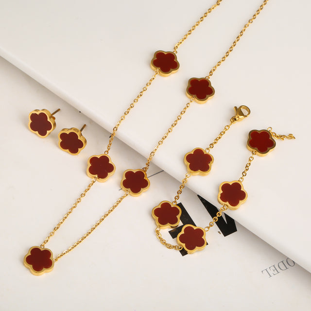 Ensemble trèfle : bracelet, collier et boucles d&