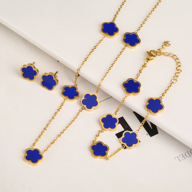 Ensemble trèfle : bracelet, collier et boucles d&