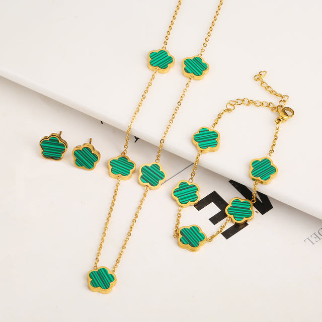 Ensemble trèfle : bracelet, collier et boucles d&