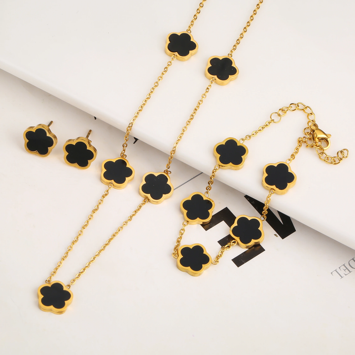Ensemble trèfle : bracelet, collier et boucles d&