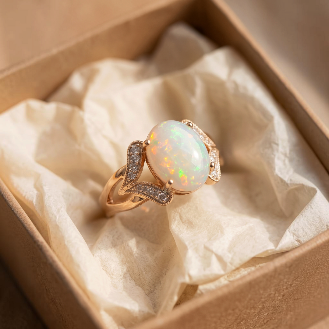 Bague vintage grande opale blanche | Or
