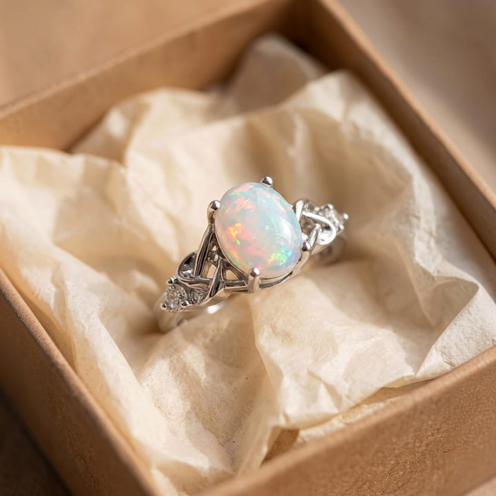 Bague opale blanche et nœuds celtiques | Or blanc