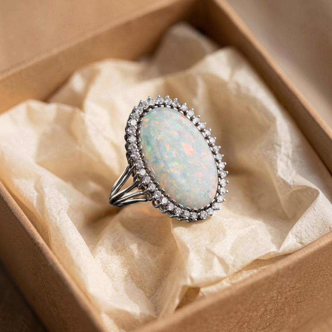 Grande bague opale blanche entourage de brillants | Or blanc
