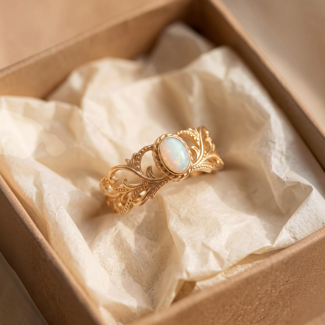 Bague ajustable opale blanche et rinceaux de feuilles | Or
