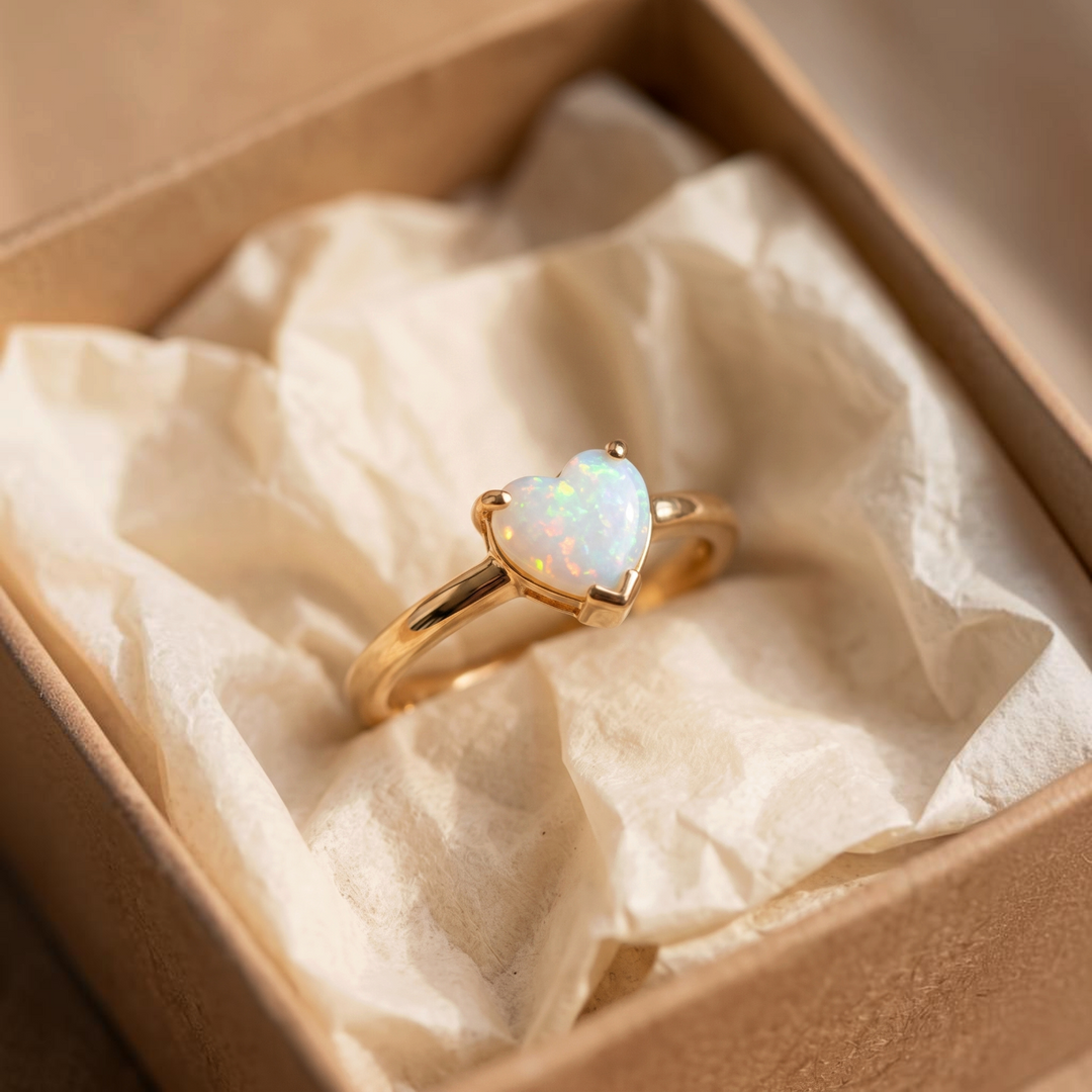 Bague cœur en opale blanche | Or