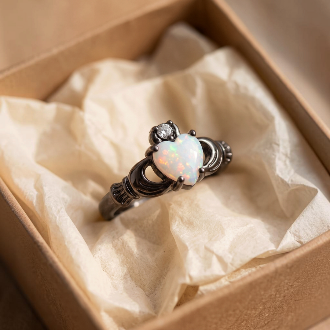 Bague Claddagh cœur en opale | Or noir