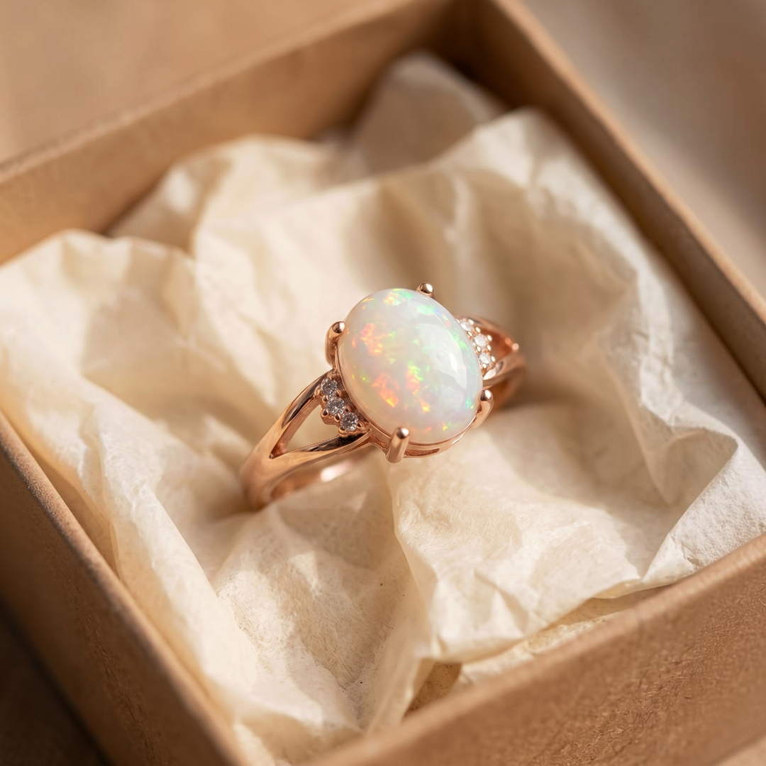 Bague opale blanche | Or rose