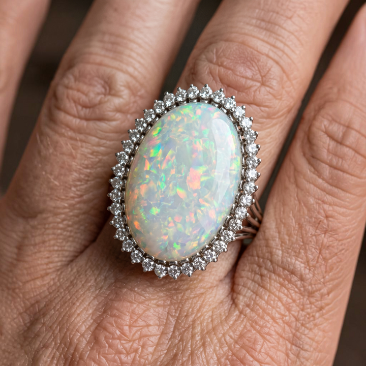 Grande bague opale blanche entourage de brillants | Or blanc
