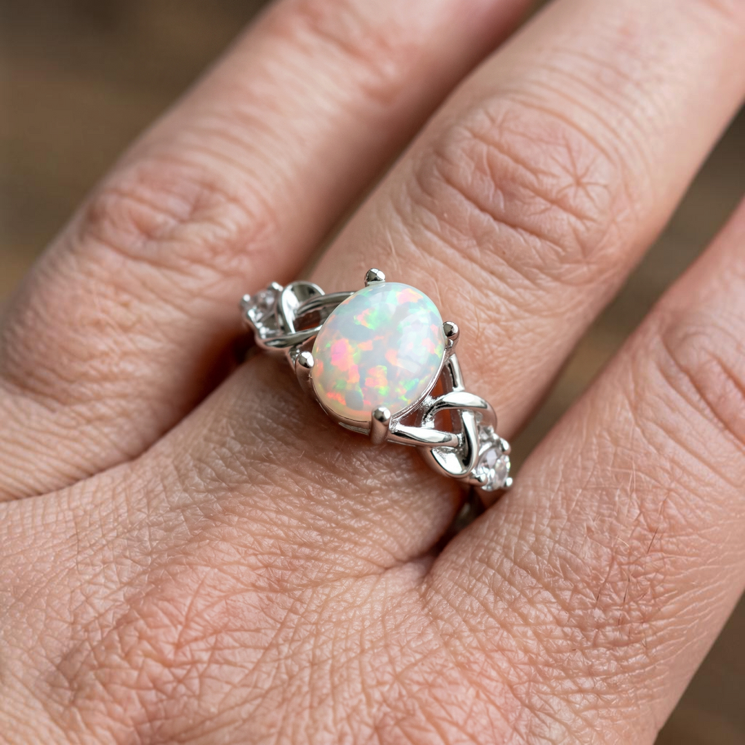 Bague opale blanche et nœuds celtiques | Or blanc