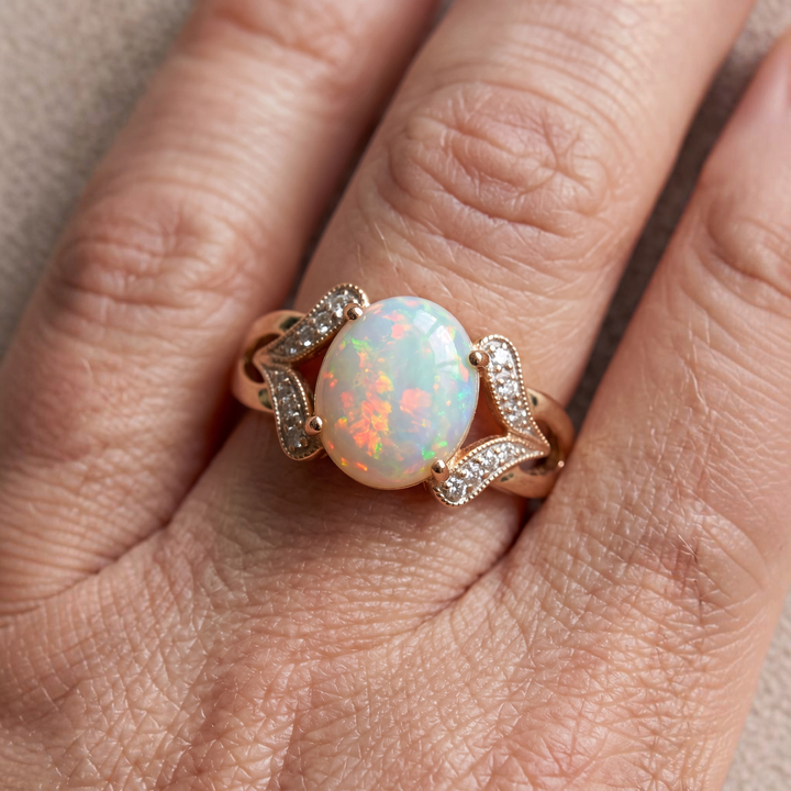 Bague vintage grande opale blanche | Or