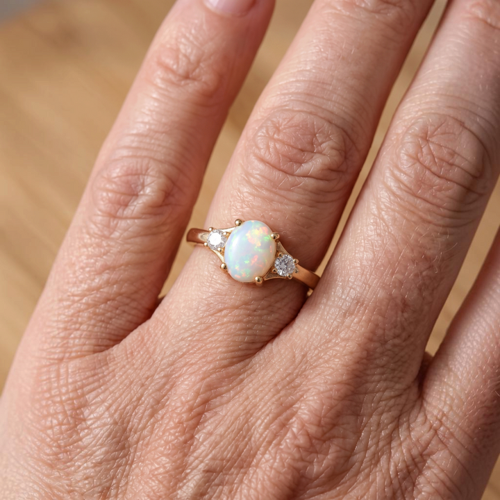 Bague opale blanche et deux brillants | Or