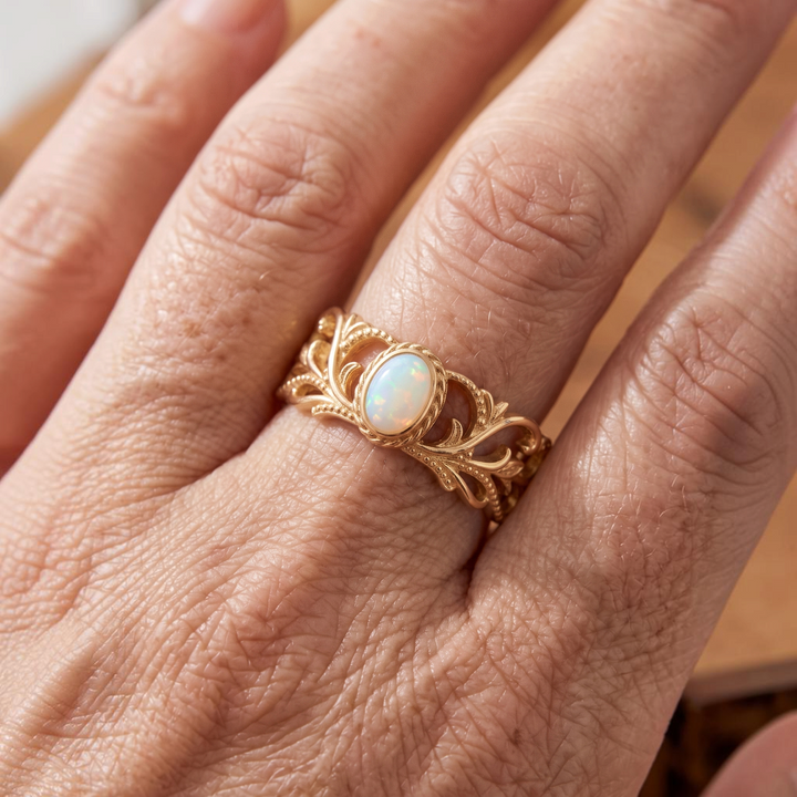 Bague ajustable opale blanche et rinceaux de feuilles | Or